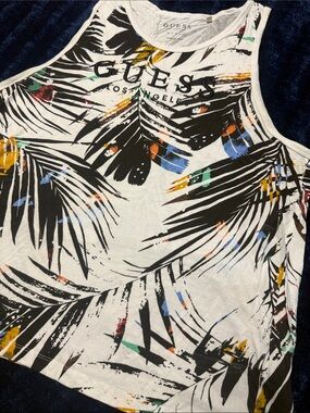 GUESS Men’s White Palm-Print Tank with Multicolor Accents